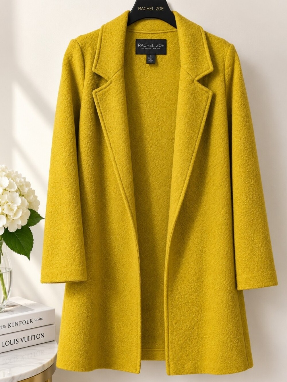 Rachel Zoe Mustard Yellow Open-Front Trench Coat Wool Blend
